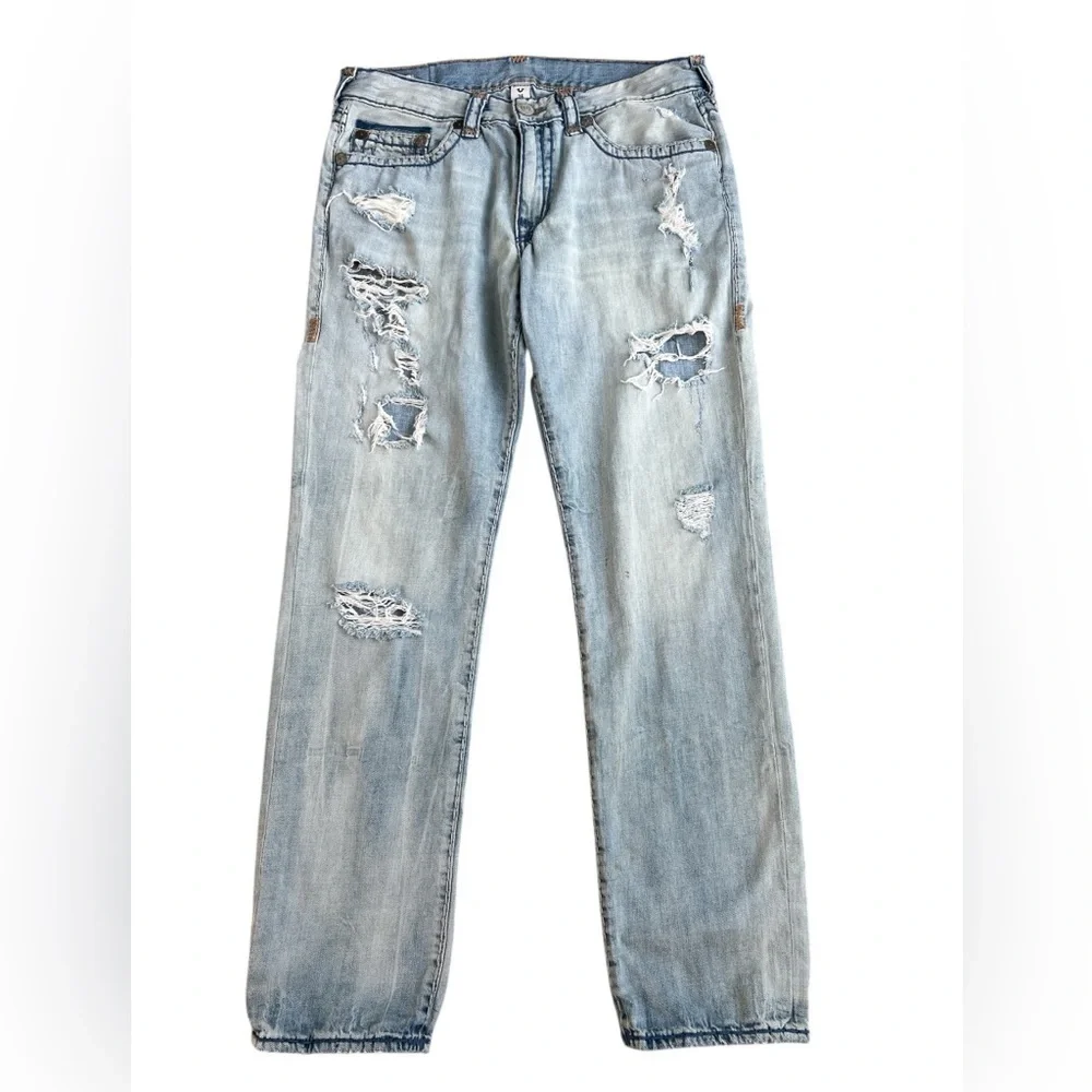 True Religion Athletic Geno Relaxed Slim Blue Straight Jeans Distressed